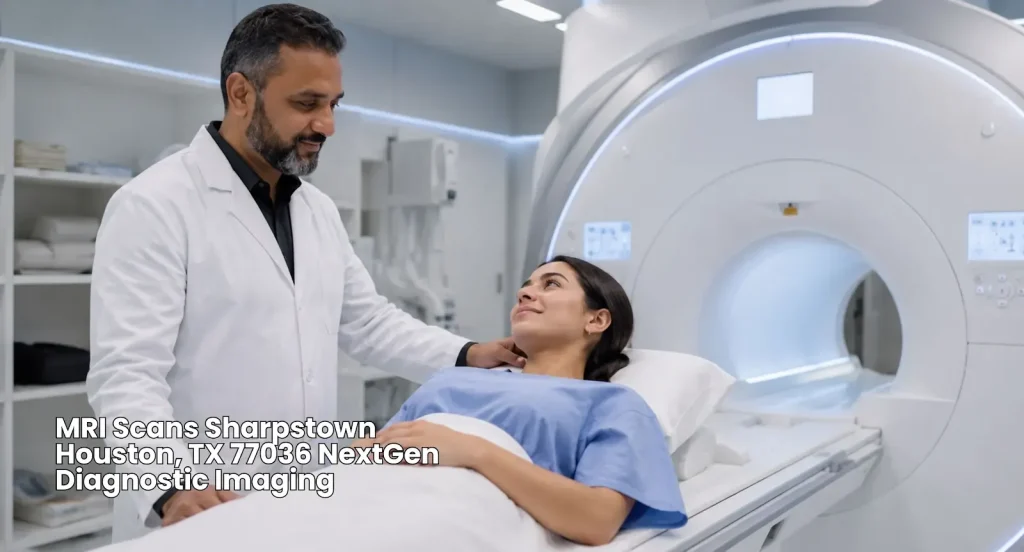 Healthcare provider reassuring a patient lying on a machine table before undergoing accurate MRI scans Houston.