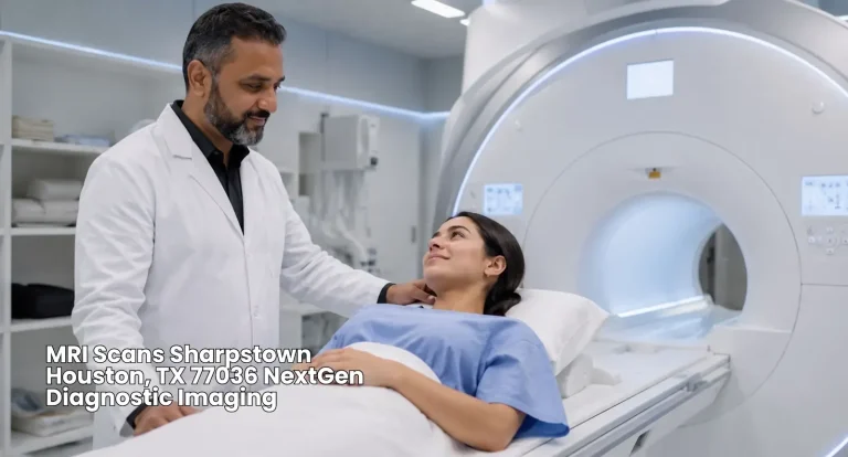 Healthcare provider reassuring a patient lying on a machine table before undergoing accurate MRI scans Houston.