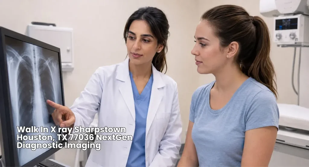 Female doctor pointing out chest scan details to a patient during a fast walk in x ray Houston clinic visit.