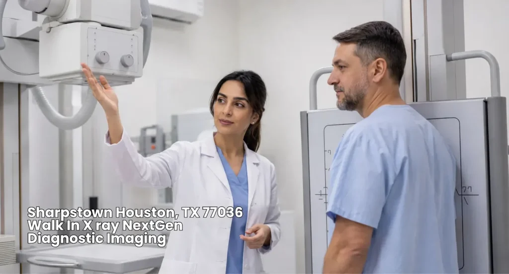 Medical technician setting up imaging equipment for a male patient receiving a walk in x ray Houston service. 