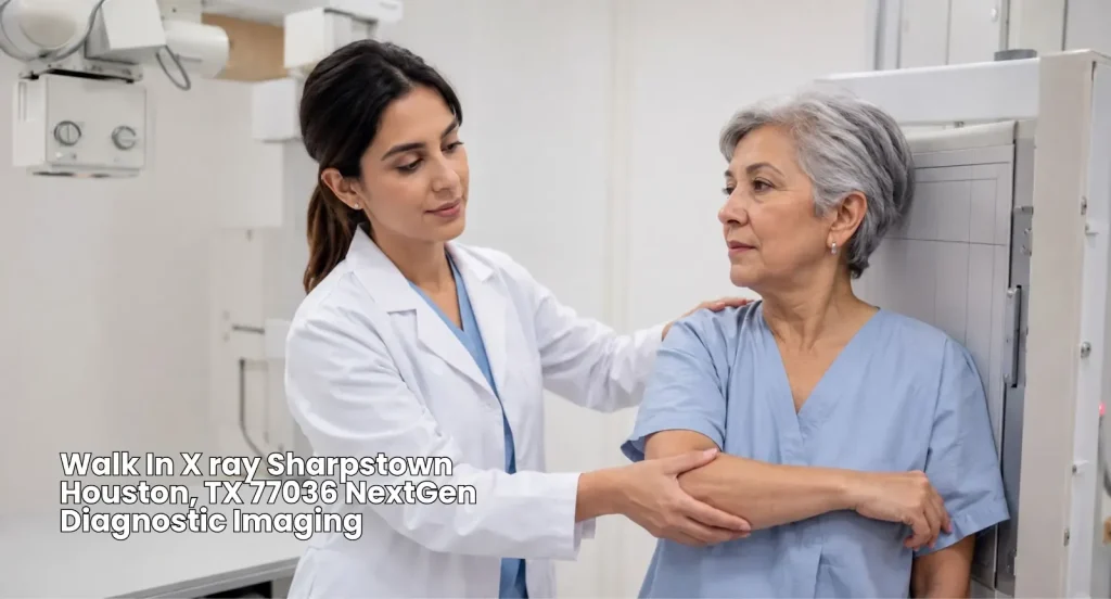 Radiologist positioning senior patient for imaging during a walk in x ray Houston service at NextGen Diagnostic. 