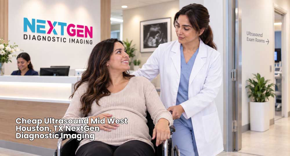 Doctor guiding a pregnant patient in a wheelchair for a cheap ultrasound Houston appointment at NextGen Diagnostic clinic.