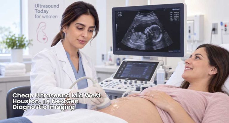 Female doctor performing a cheap ultrasound Houston scan on a pregnant patient using modern diagnostic equipment.