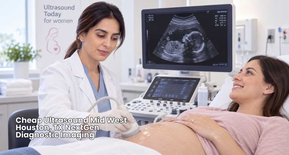 Female doctor performing a cheap ultrasound Houston scan on a pregnant patient using modern diagnostic equipment.