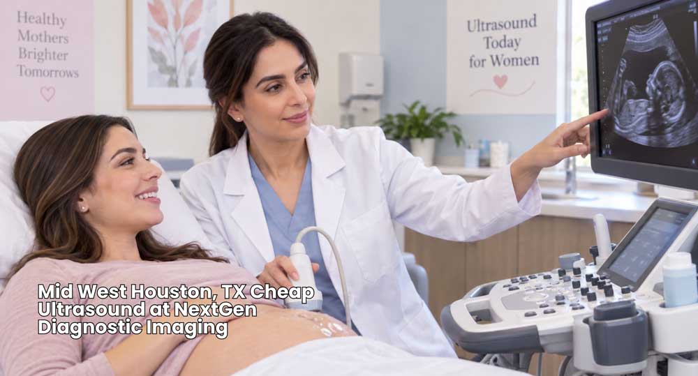 Doctor pointing to a screen showing a cheap ultrasound Houston session for an expectant mother at NextGen Diagnostic Imaging.