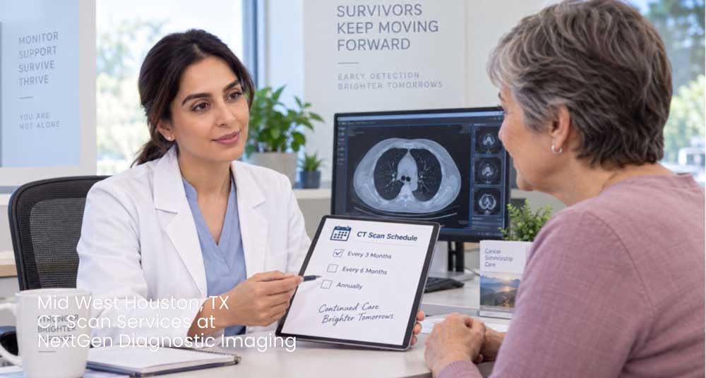 Female doctor presenting a digital schedule to a senior patient reviewing routine CT scan services Houston plans.