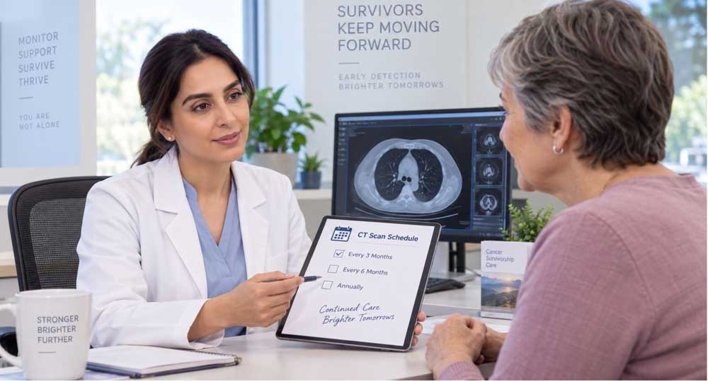 Female doctor presenting a digital schedule to a senior patient reviewing routine CT scan services Houston plans.