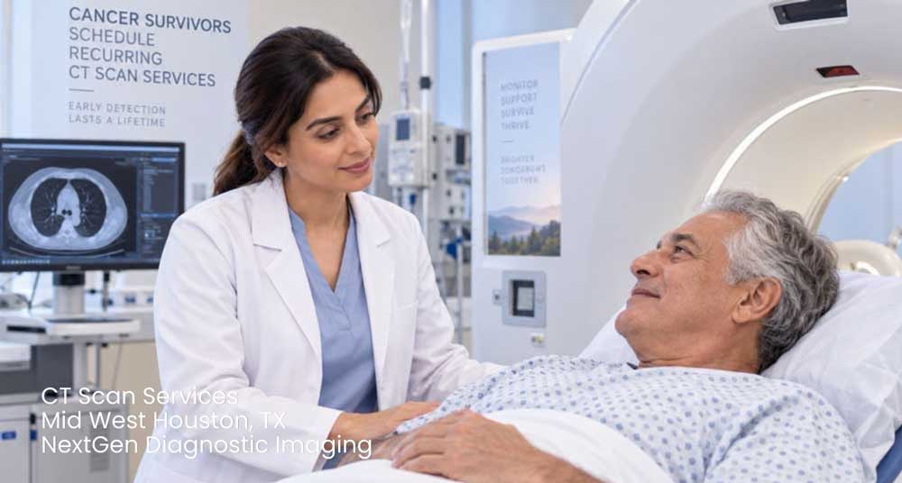 Female doctor smiling at a male patient preparing for medical imaging with professional CT scan services Houston.