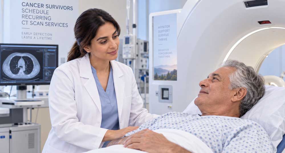 Female doctor smiling at a male patient preparing for medical imaging with professional CT scan services Houston.