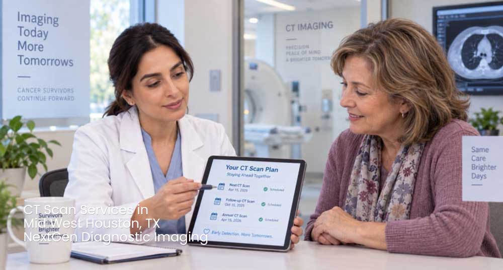 Female doctor sharing a digital plan with a senior patient consulting for preventive CT scan services Houston area.