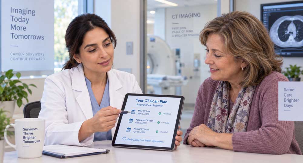 Female doctor sharing a digital plan with a senior patient consulting for preventive CT scan services Houston area.
