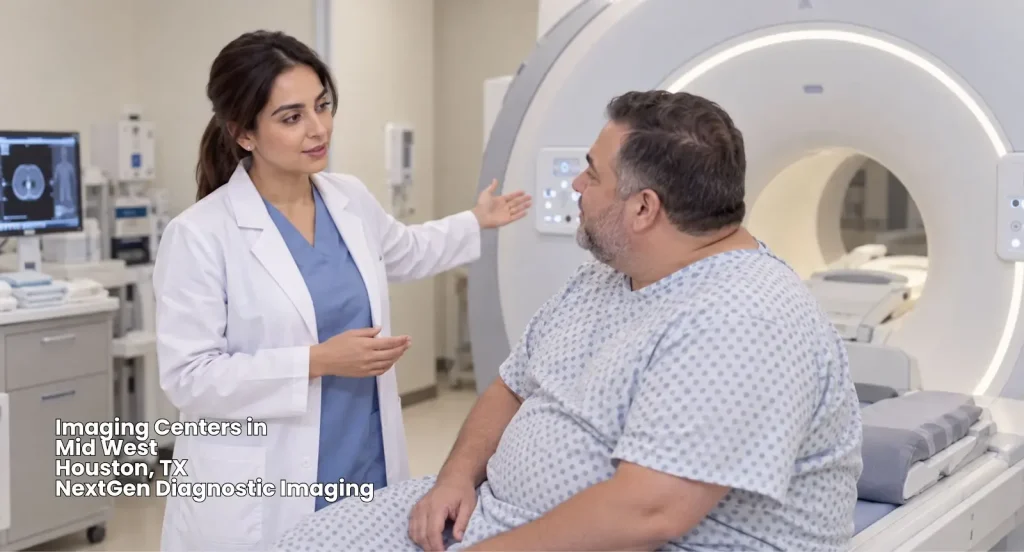 Female doctor guiding a patient sitting near a CT scanner machine at top-rated imaging centers Houston location.