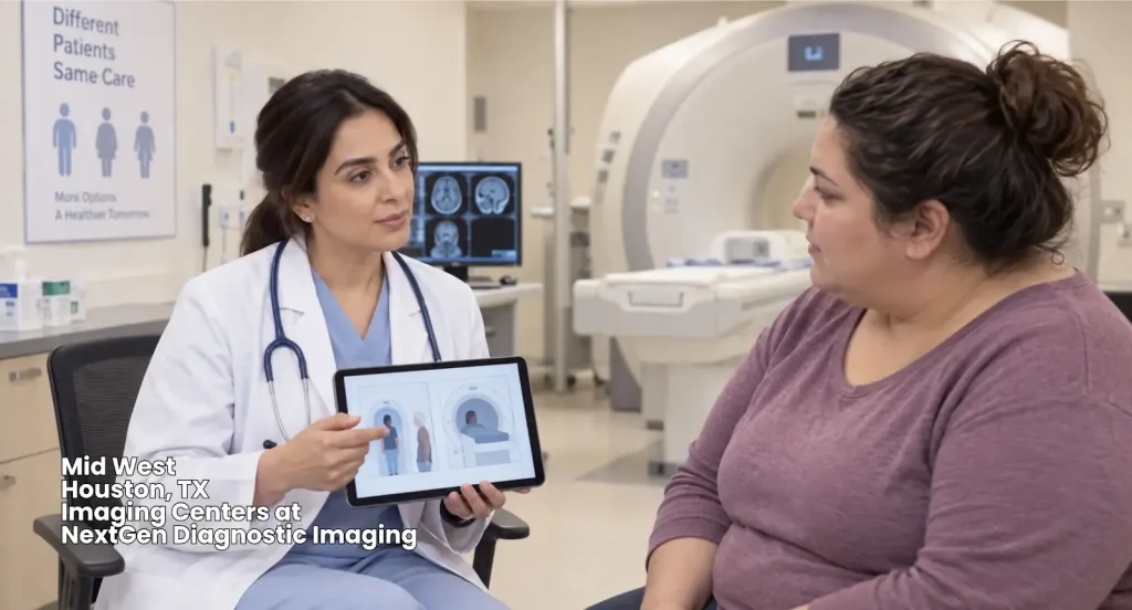 A doctor explaining scan procedures to a sitting patient at NextGen Diagnostic medical imaging centers Houston.
