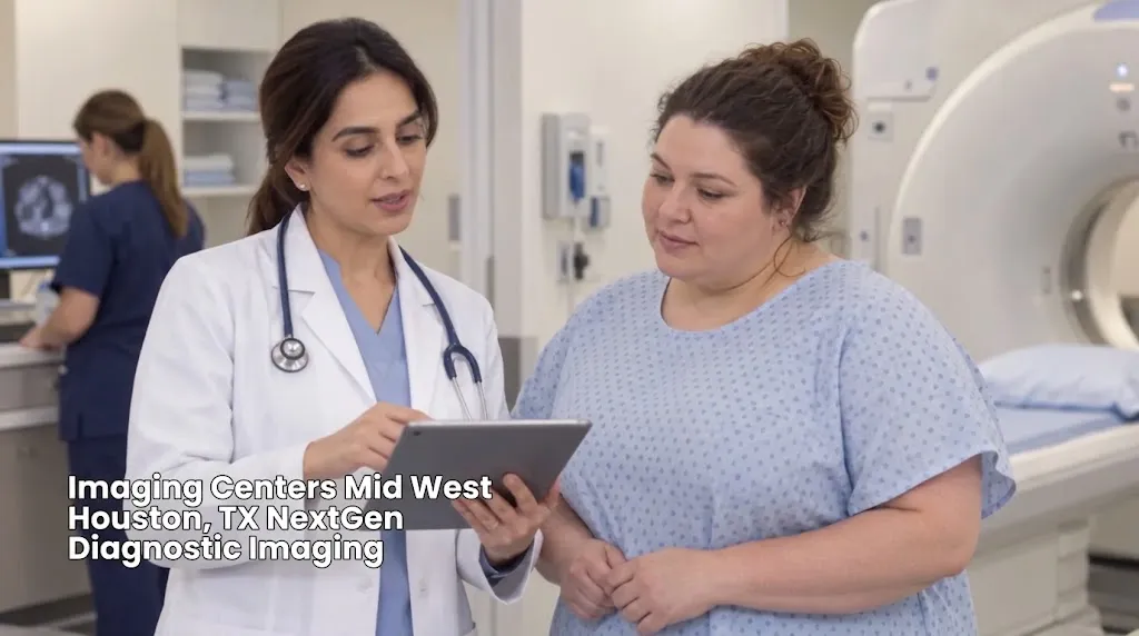 Doctor reviewing medical scan results on a tablet with a patient at medical imaging centers Houston facilities.