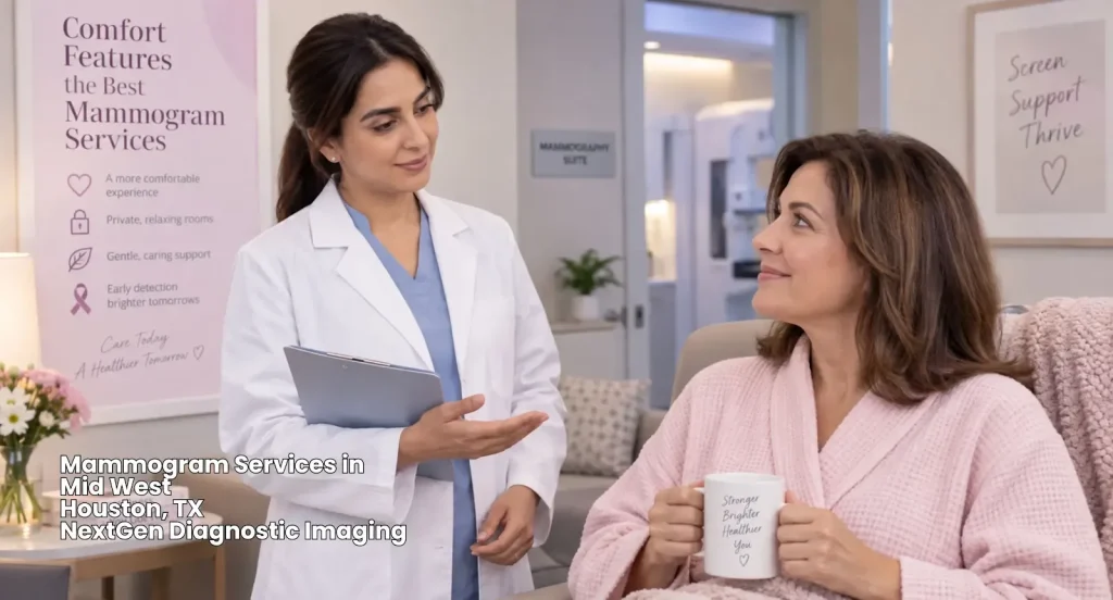Female doctor discussing diagnostic scan results with a relaxed patient receiving mammogram services Houston.