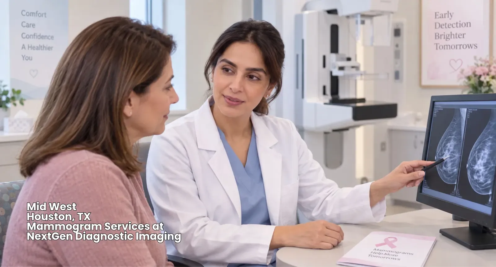 Doctor reviewing digital breast screening scan results with a patient receiving mammogram services Houston.