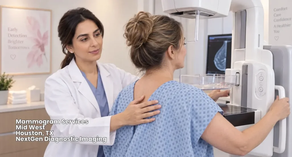 Caring healthcare technologist assisting a patient during screening at NextGen mammogram services Houston.