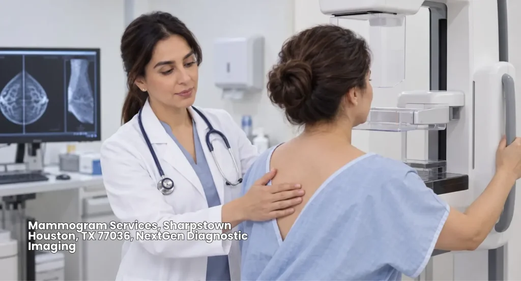 Radiologist performing mammogram services Houston procedure on a patient in a Sharpstown diagnostic clinic.
