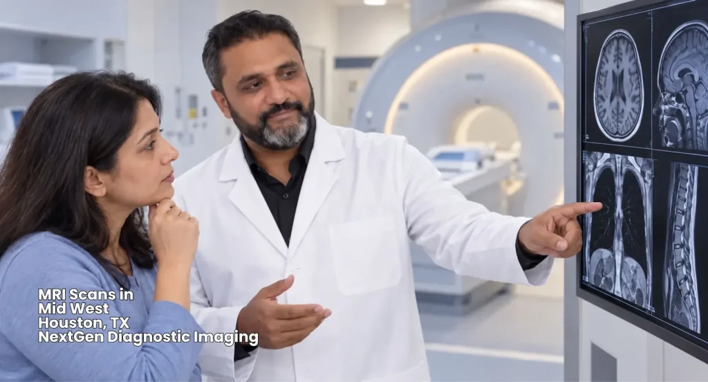 Doctor pointing to digital brain and spine scans for a female patient offering high quality MRI scans Houston, TX.