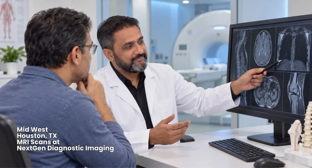 Doctor reviewing diagnostic results on a desktop screen with a male patient discussing MRI scans Houston location. 